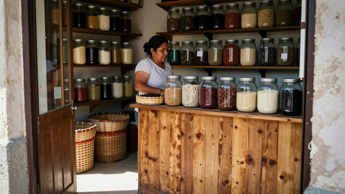 Mujer en su tiendita mexicana detrás de un mostrador de madera con frascos de frijol y arroz