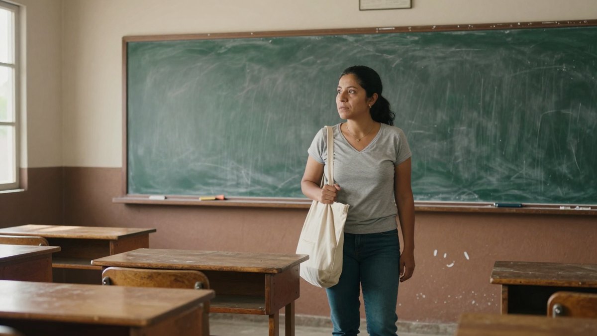 Maestra de primaria con bolsa de tela de pie en un salón con pupitres de madera