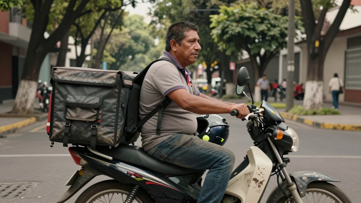 Repartidor mexicano de mediana edad en su moto con mochila térmica, en una calle arbolada de la Ciudad de México