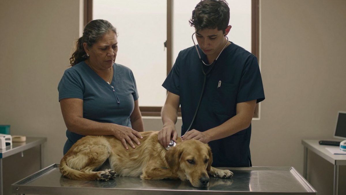 Mujer preocupada acaricia a un perro dorado mientras el veterinario lo revisa con estetoscopio en una clínica