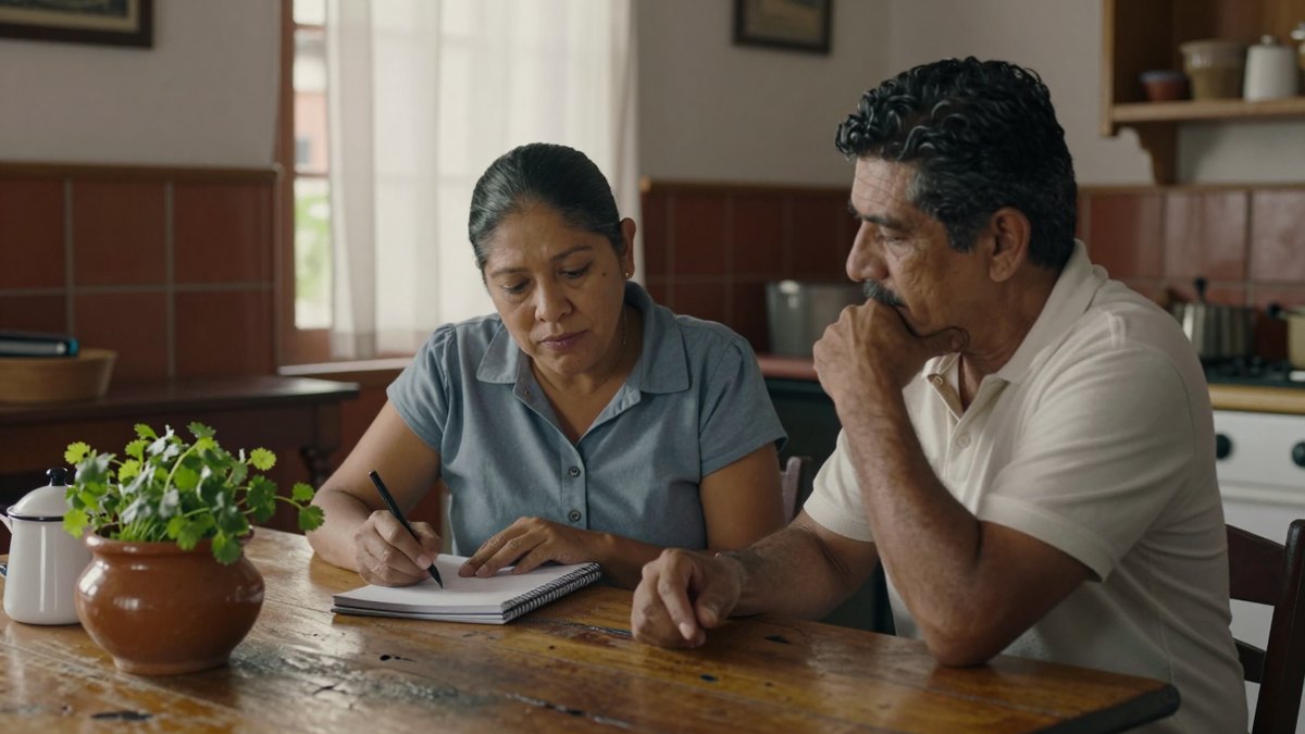 Pareja mexicana de mediana edad revisa su presupuesto con una libreta en la mesa de su cocina