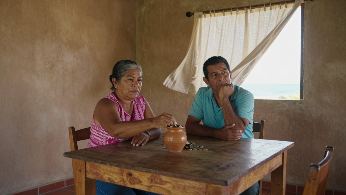 Pareja mexicana de mediana edad en su cocina costera, ella guarda monedas en una jarra de barro