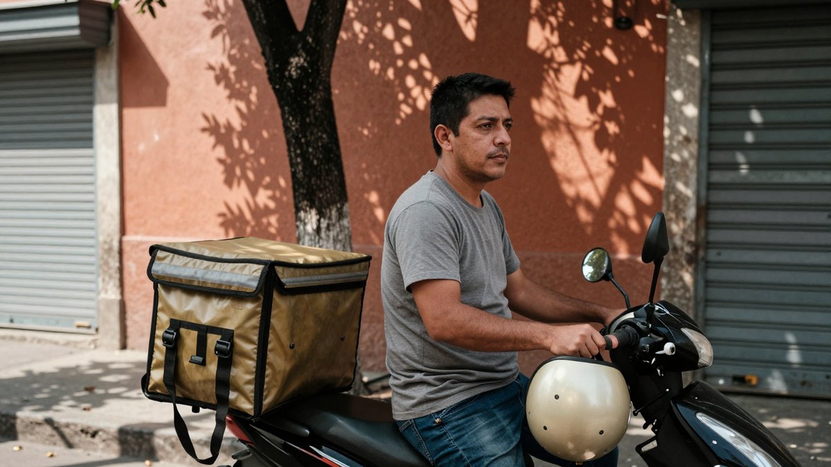 Repartidor mexicano sentado en su moto con mochila térmica y casco, en una calle soleada