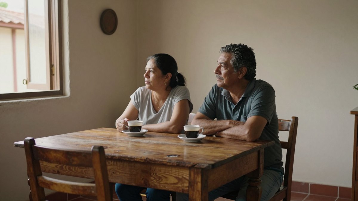 Pareja madura toma café en una mesa de madera gastada y mira por la ventana