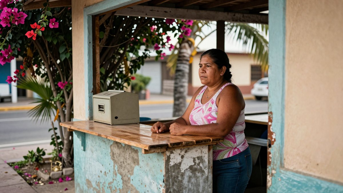 Mujer pensativa recargada en el mostrador de su puesto de comida en Acapulco, con buganvilia