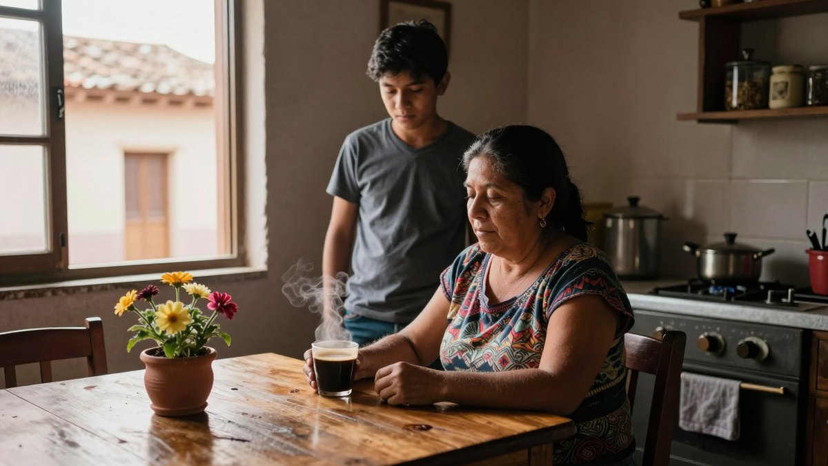 Mujer sentada a la mesa de madera con café humeante y su hijo de pie detrás