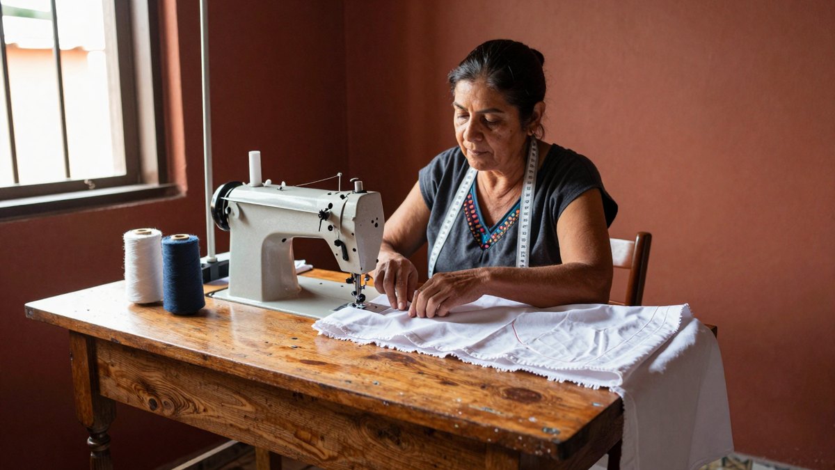 Costurera mexicana cose una tela blanca en su máquina sobre una mesa de madera, junto a la ventana