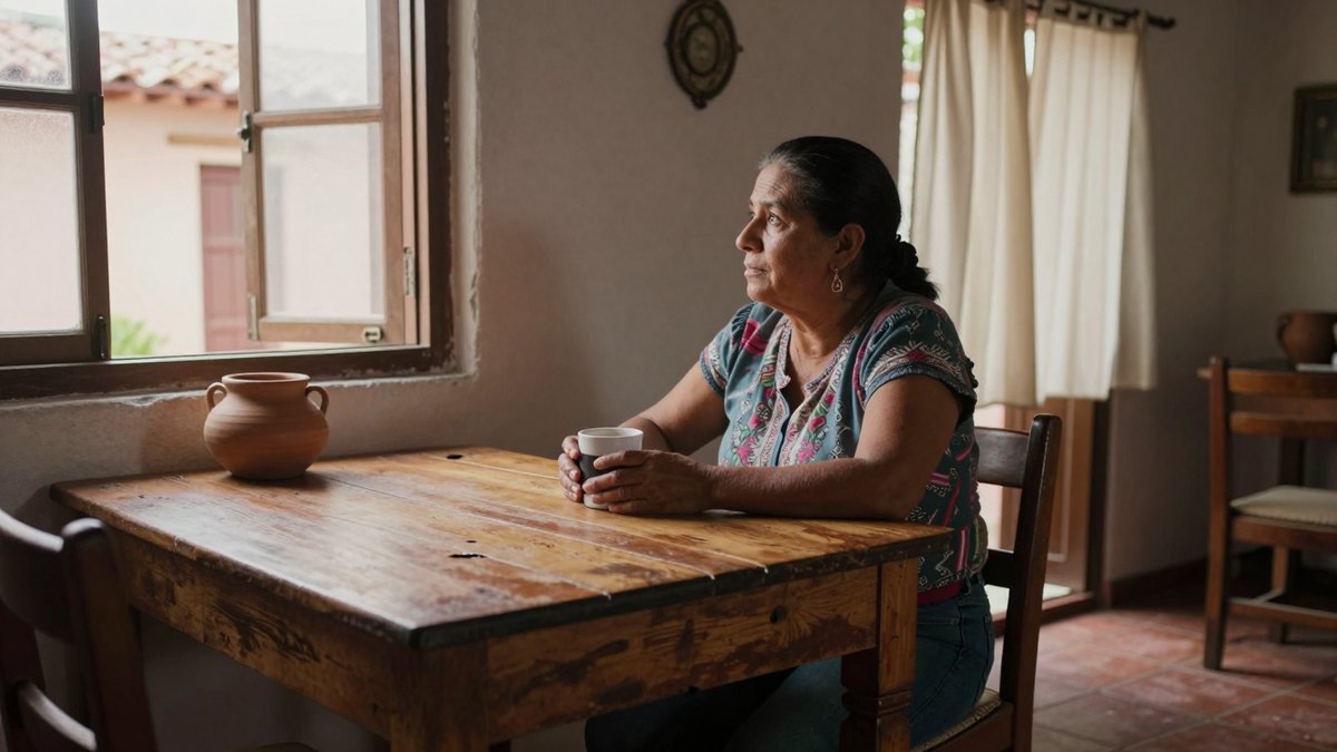 Mujer mexicana pensativa junto a la ventana, sentada a una mesa de madera con café