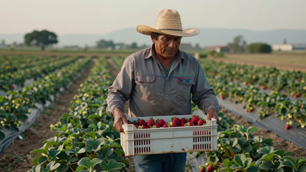Campesino mexicano con sombrero de palma carga una caja de fresas maduras entre surcos en Guanajuato
