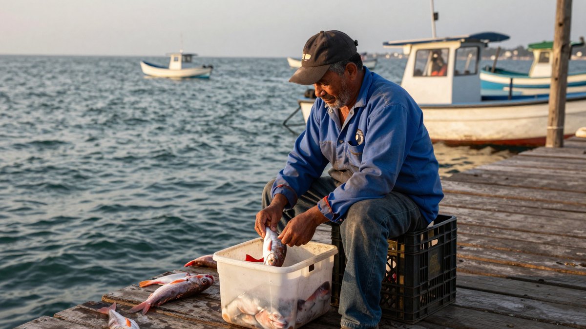 Pescador mexicano con camisa azul y gorra clasifica pescado en un muelle de madera al amanecer