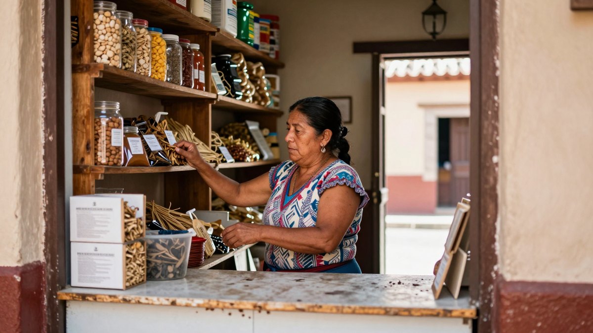 Mujer de mediana edad acomoda frascos y bolsas en los estantes de su tiendita en Morelia