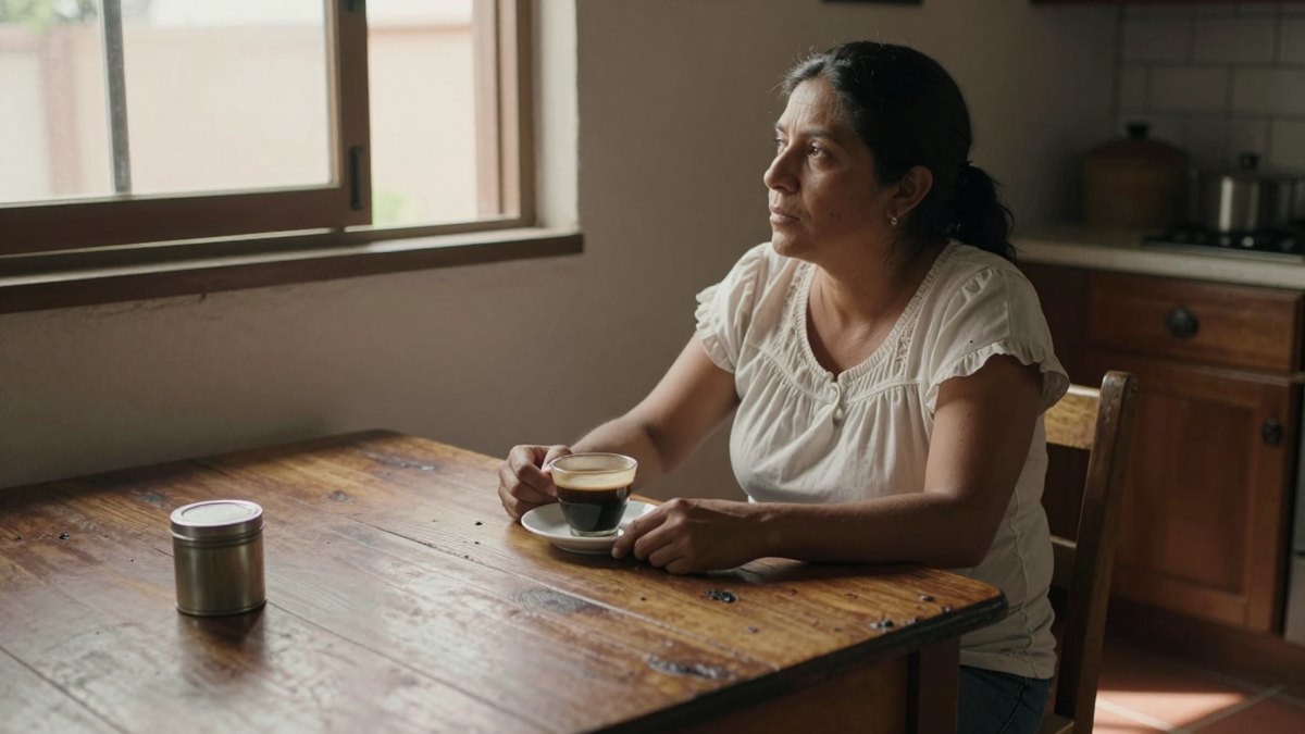 Mujer pensativa con una taza de café en una mesa de madera, junto a una lata, mirando por la ventana