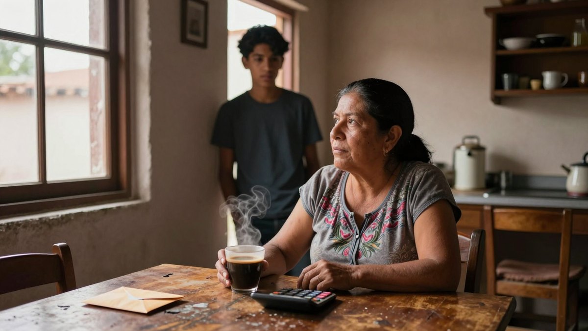 Mujer mexicana pensativa junto a la ventana en su cocina, con café y calculadora, su hijo al fondo