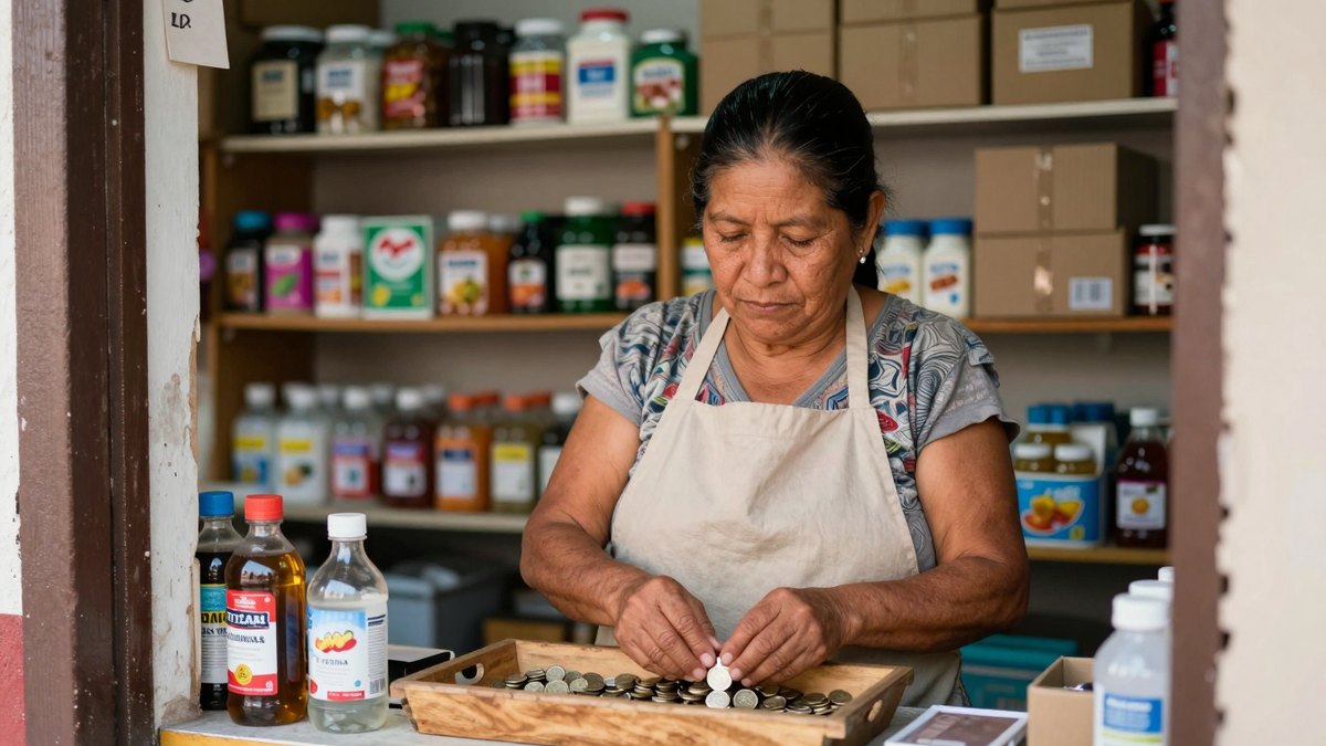 Tendera de unos cincuenta años con delantal cuenta monedas en una charola de madera en su tienda