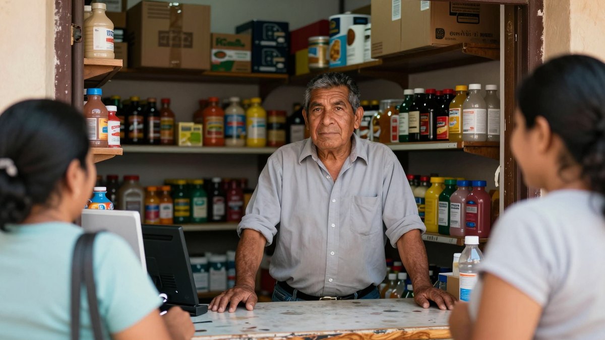Tendero mayor de camisa gris, serio tras el mostrador de su tiendita, atiende a dos clientas en Veracruz