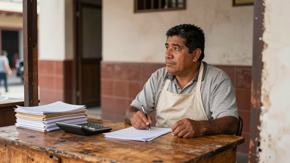 Dueño de taquería con delantal, pluma en mano, mira pensativo a la calle junto a papeles y calculadora