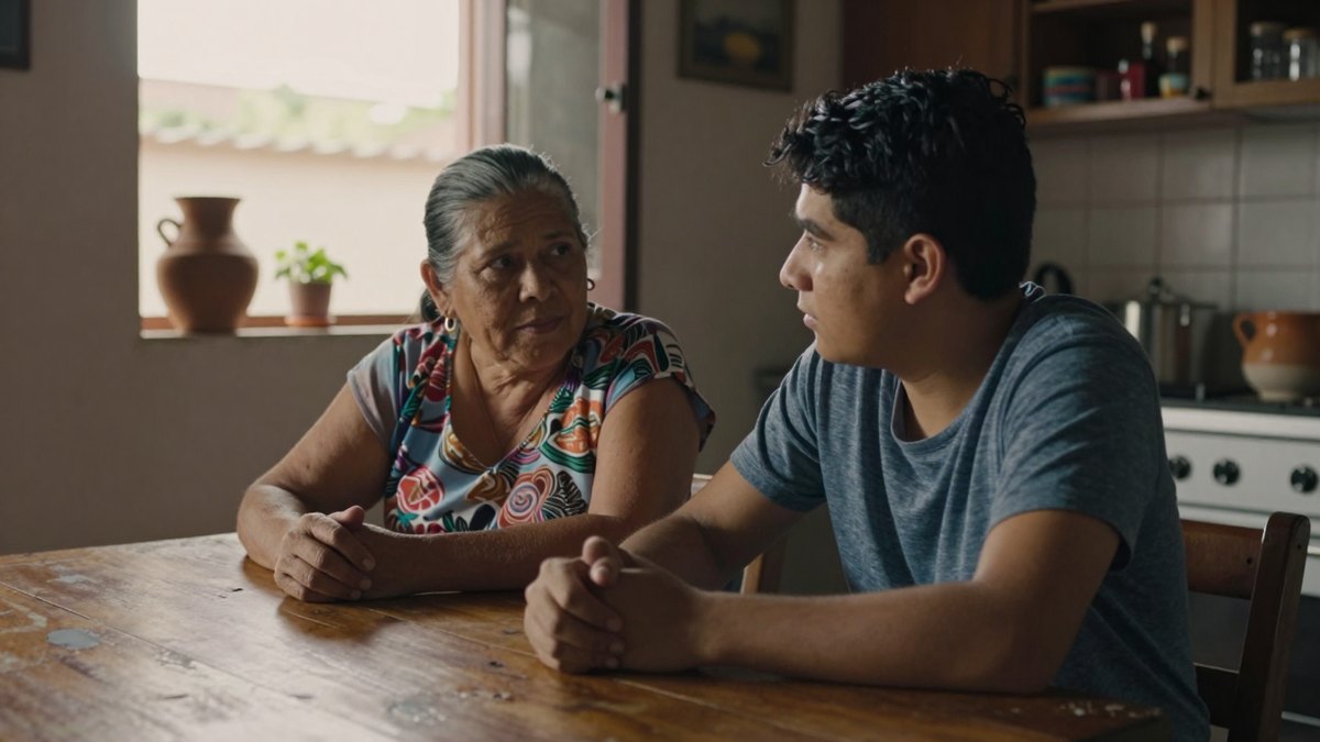 Madre mexicana y su hijo adulto conversan con calma sentados a una mesa de madera en la cocina