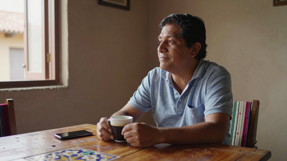 Hombre mexicano con café en una mesa de madera mira por la ventana, tranquilo
