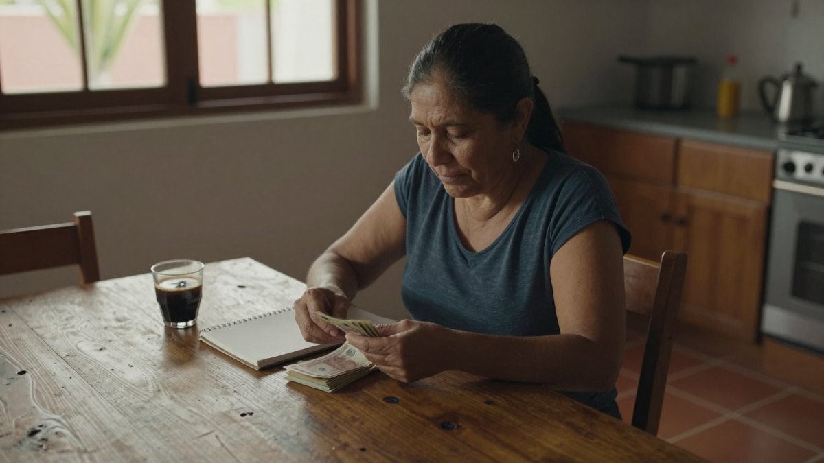 Mujer de mediana edad cuenta billetes en una mesa de madera de su cocina