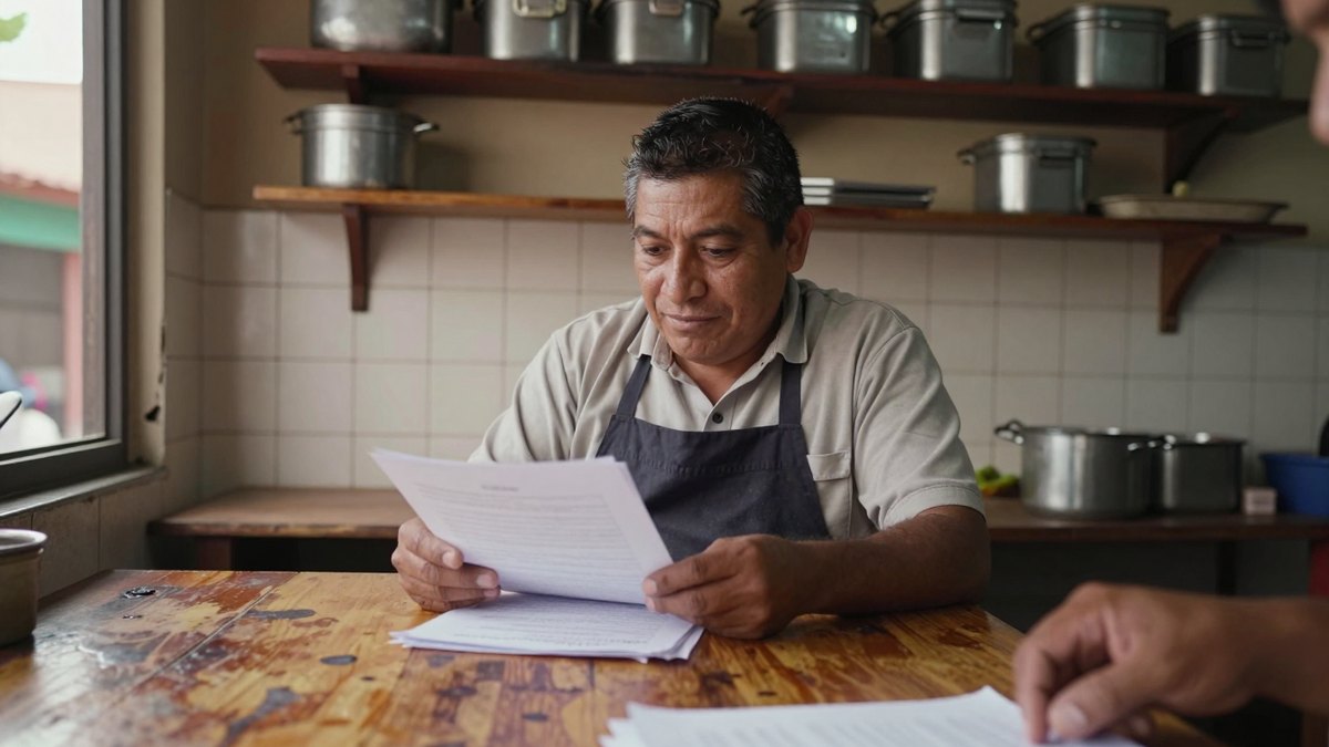 Hombre mexicano con mandil revisa documentos en una mesa de madera dentro de su taquería