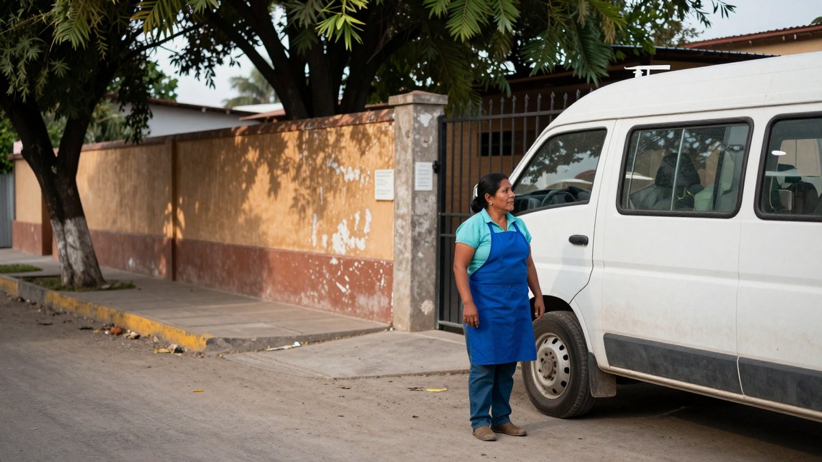 Mujer con mandil azul junto a una camioneta blanca frente a un muro ocre escolar
