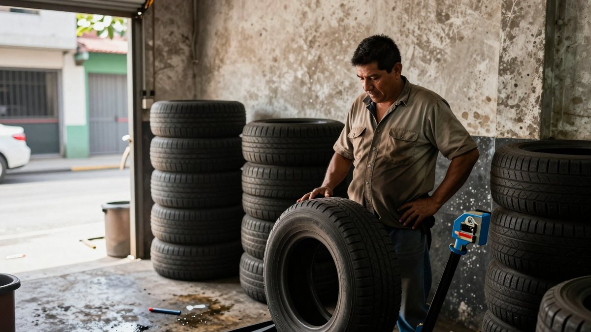 Vulcanizador mexicano con camisa de trabajo observa una llanta en su taller, rodeado de llantas apiladas