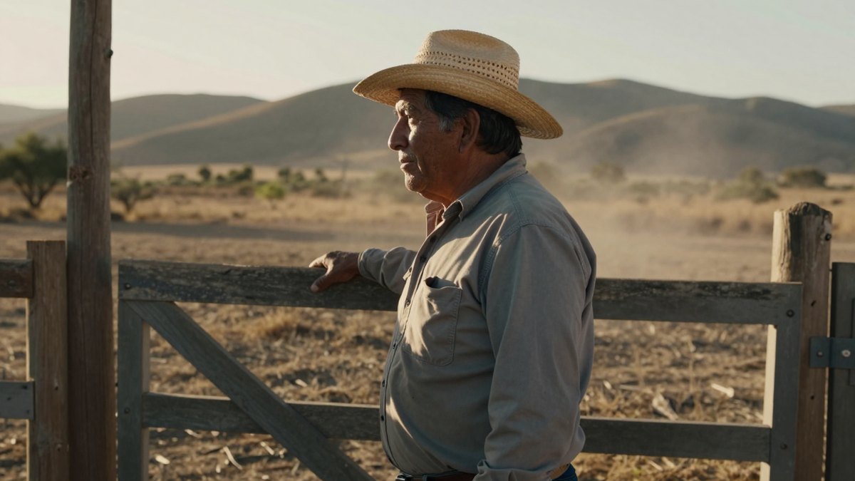 Ranchero mayor con sombrero de paja recargado en una puerta de corral, mirando cerros secos de Zacatecas