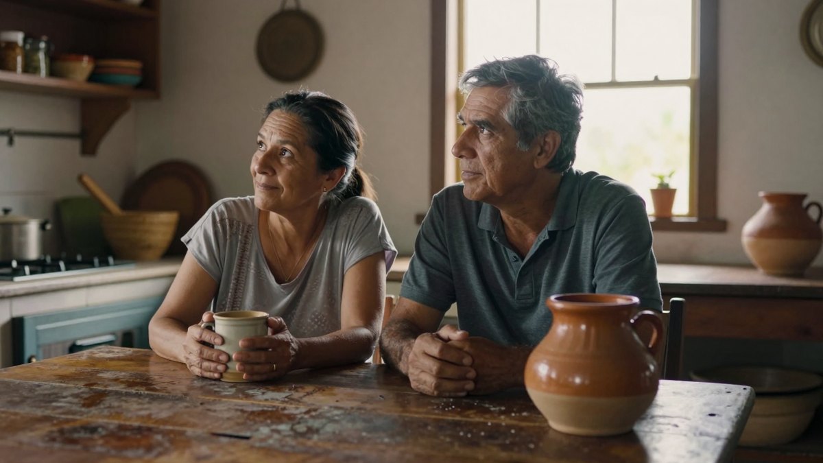 Pareja madura en la mesa de madera de su cocina, con taza y jarro de barro