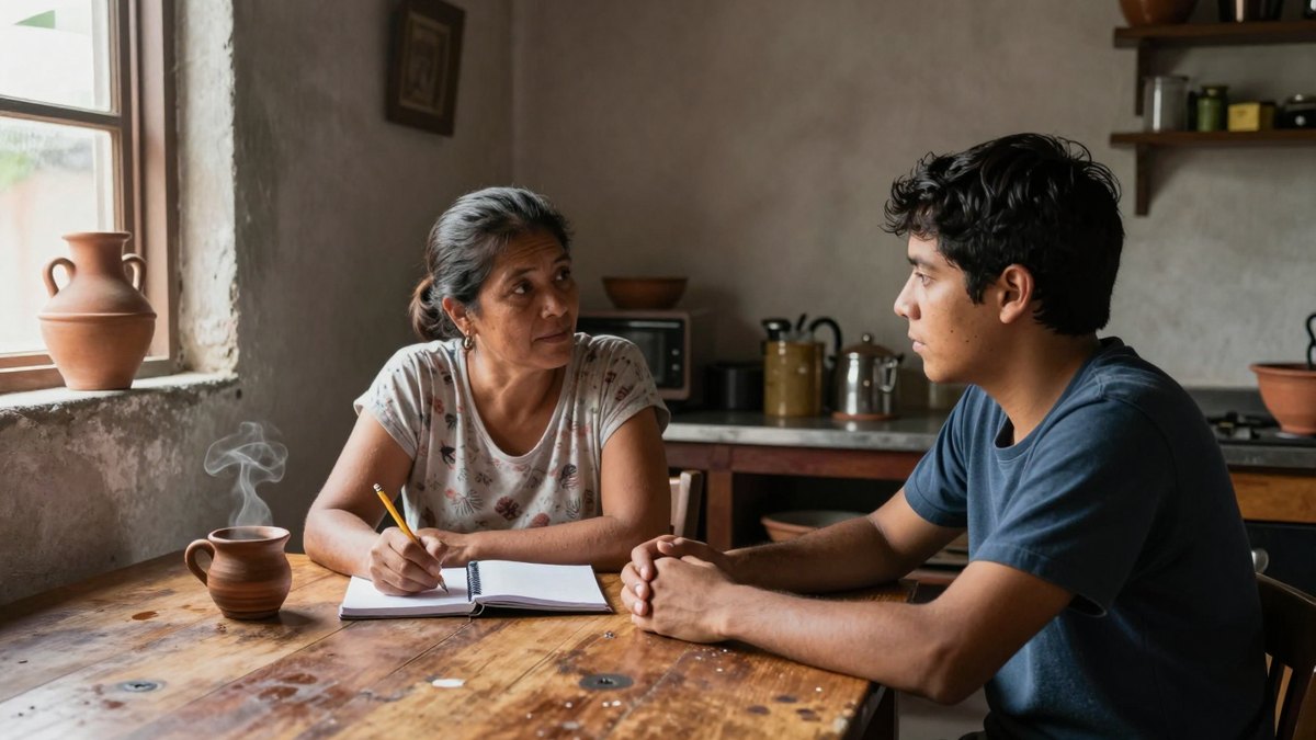 Madre e hijo adulto conversan en una cocina modesta mexicana, con libreta y café de barro