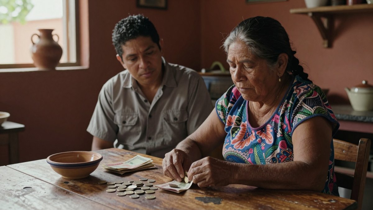 Mujer mexicana cuenta monedas y billetes en una mesa de madera mientras un hombre la acompaña