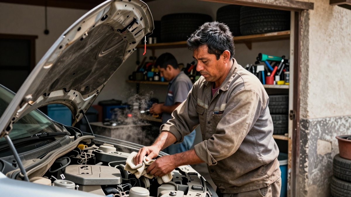Mecánico mexicano de uniforme gastado limpia sus manos con un trapo junto al cofre abierto en un taller