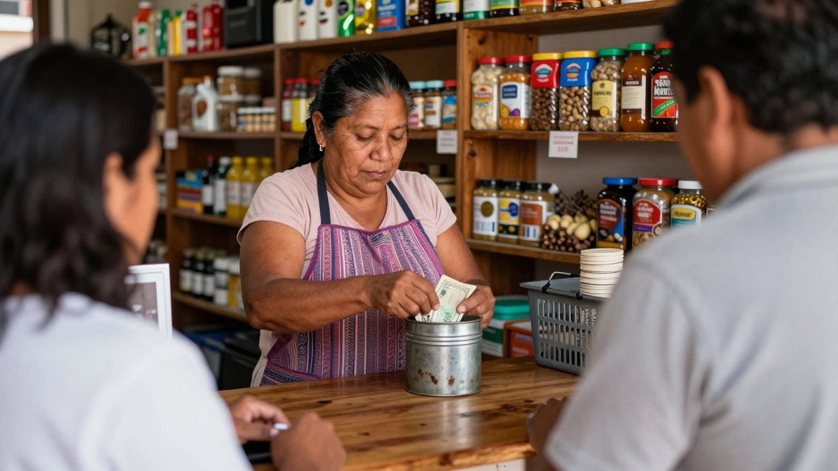 Tendera de una tiendita de barrio guarda billetes en una lata mientras dos vecinos esperan