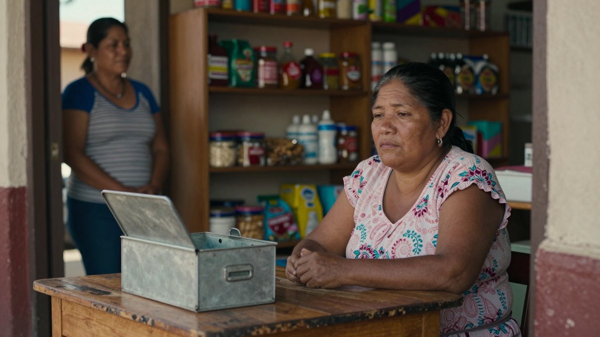 Mujer mexicana de unos cincuenta años sentada en su tienda de barrio junto a una caja metálica vacía