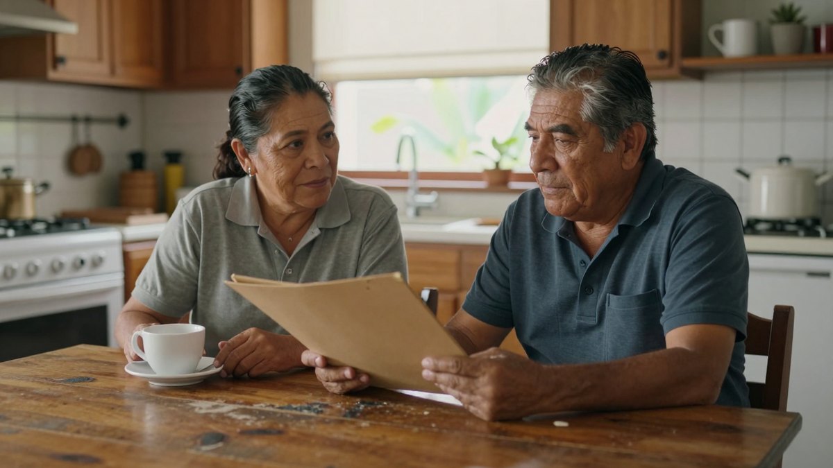 Pareja mexicana de edad madura revisa una carpeta junto a una taza de café en la mesa de su cocina