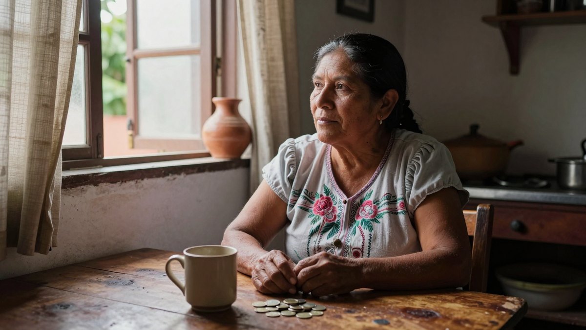 Mujer mexicana de mediana edad sentada en su cocina, pensativa junto a la ventana, con monedas sobre la mesa