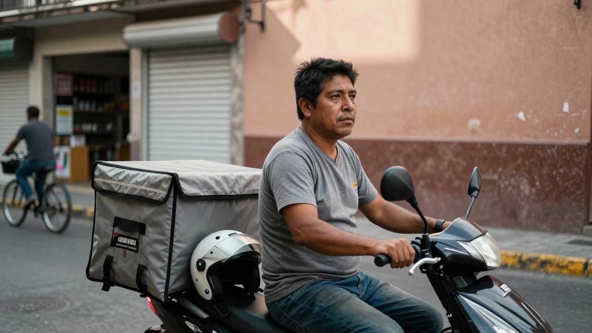 Repartidor en moto con caja térmica gris mira preocupado hacia una pared soleada en una calle de México