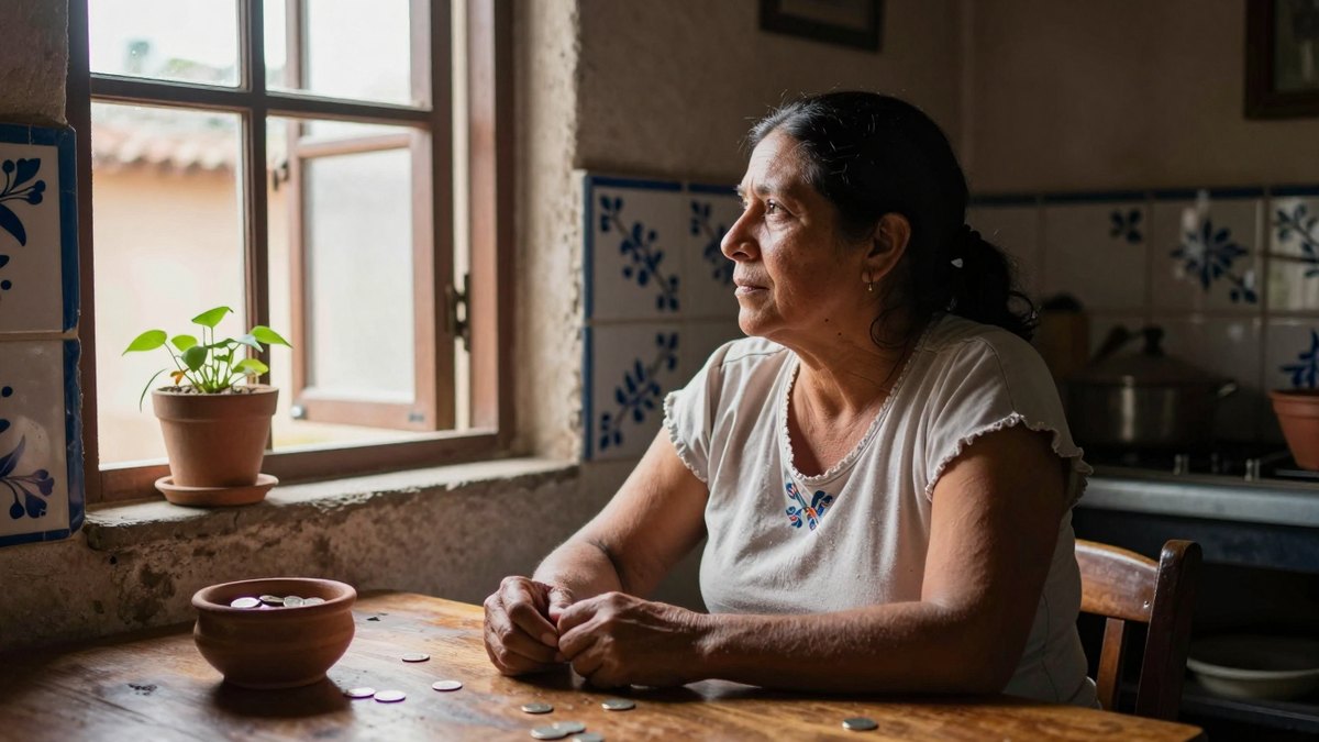 Mujer mexicana pensativa junto a la ventana de su cocina, con una olla de barro y monedas sobre la mesa