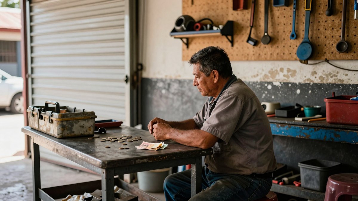 Mecánico de mediana edad sentado en su taller mirando monedas y billetes sobre una mesa metálica