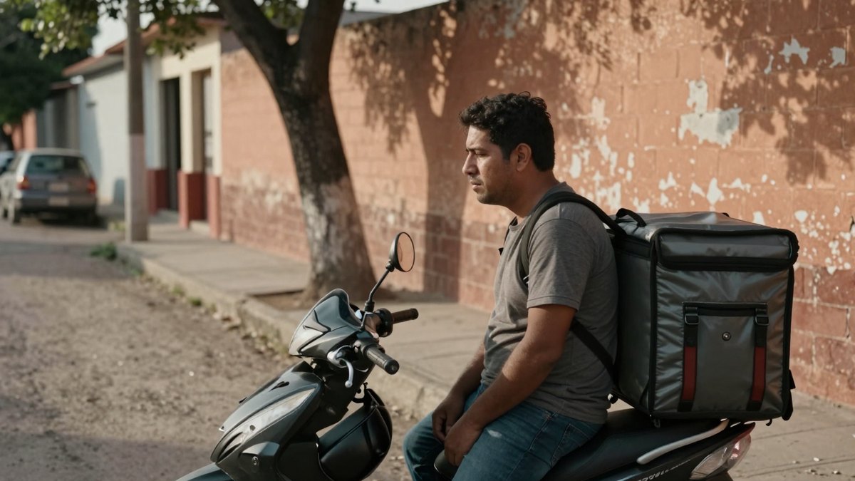 Repartidor mexicano sentado en su moto con mochila térmica, mirando pensativo una calle de tierra