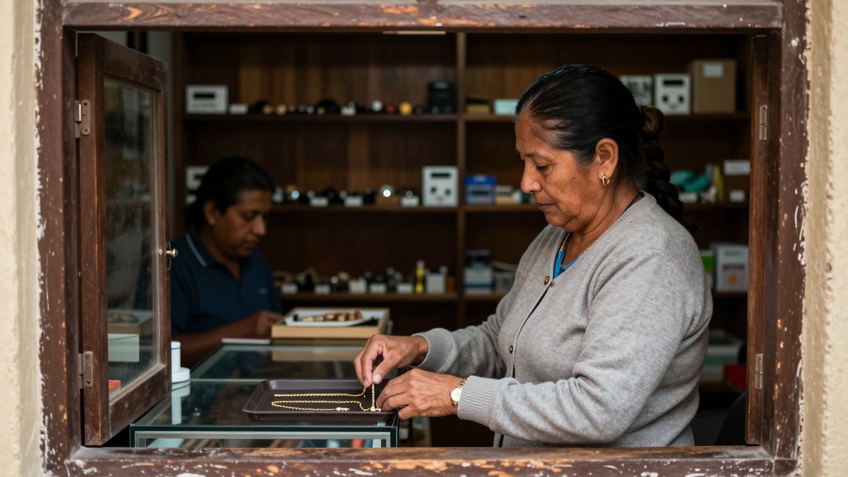 Mujer mexicana de cárdigan gris revisa cadenas de oro en una charola, en un mostrador de empeño