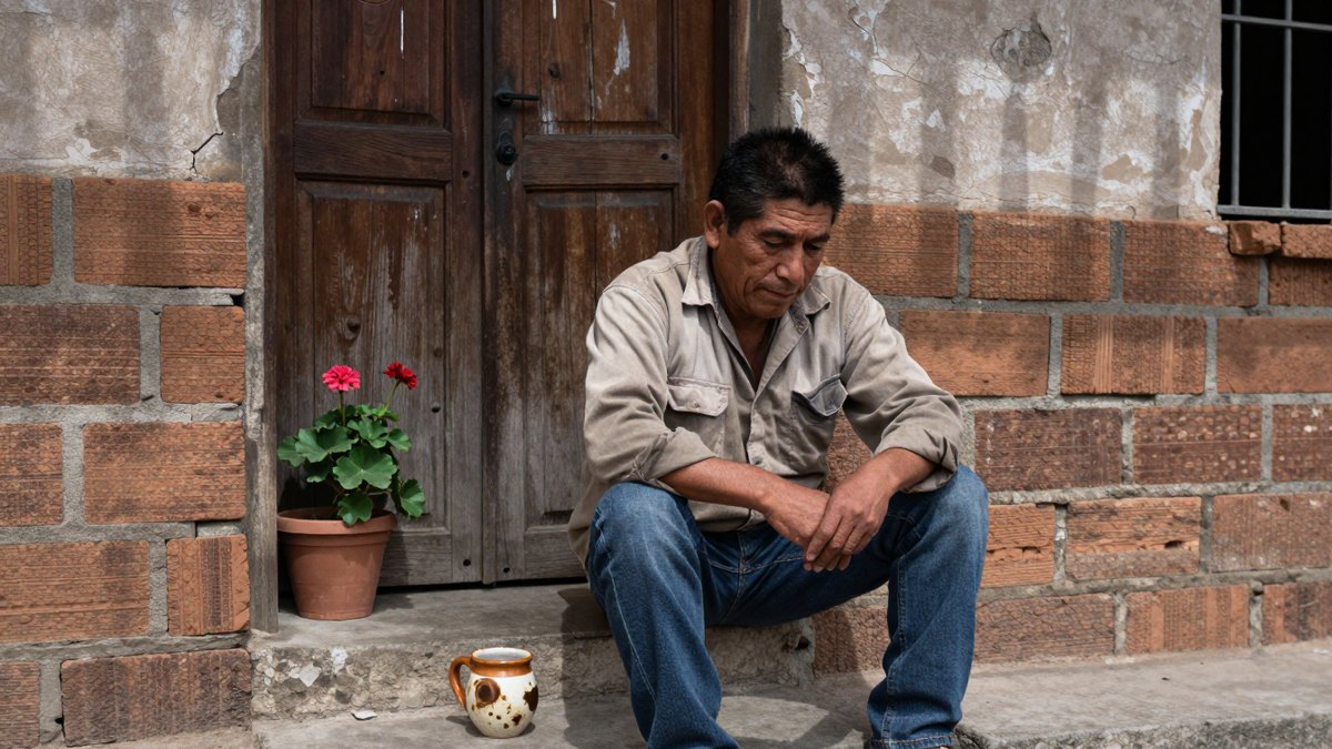Hombre mexicano de mediana edad sentado en el escalón de su casa de tabique, pensativo
