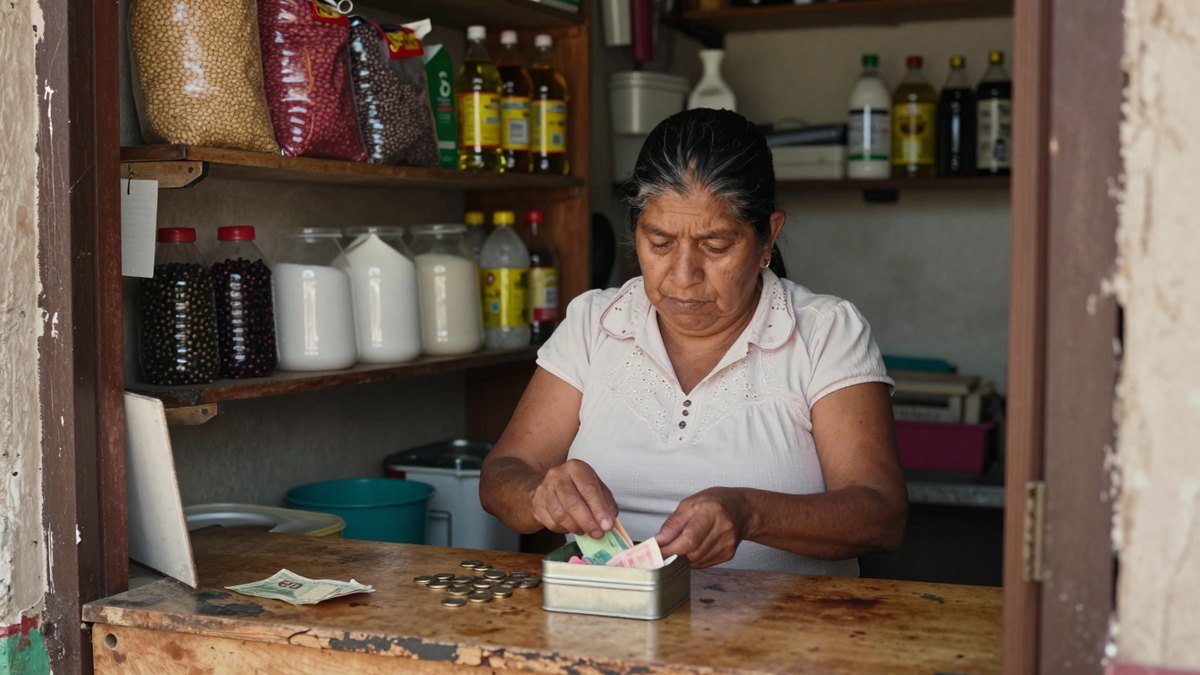 Mujer mexicana de tienda de abarrotes acomoda monedas y billetes en una lata, con gesto pensativo