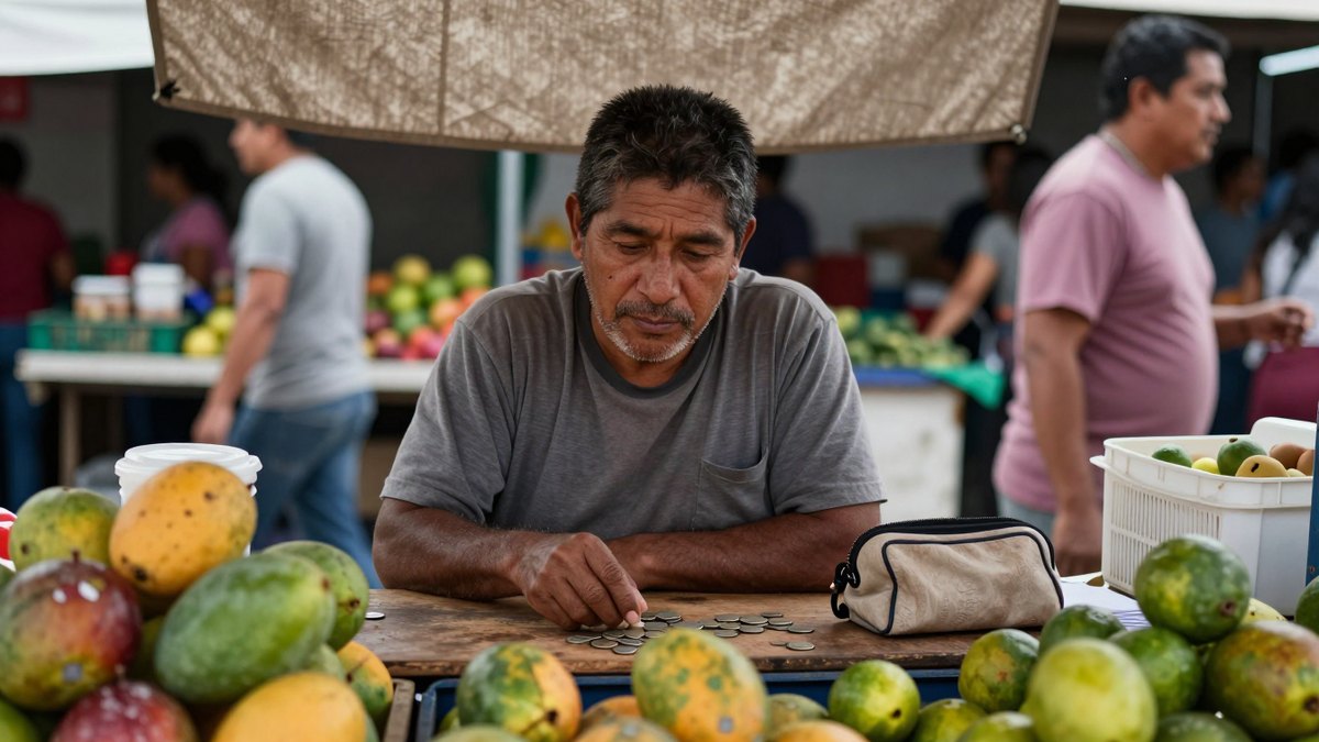 Vendedor de mangos en un mercado mexicano mira pensativo un montón de monedas junto a su monedero