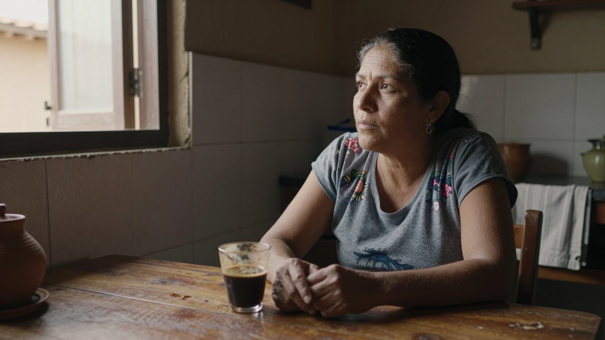 Mujer pensativa sentada en una mesa de madera de su cocina, mirando por la ventana