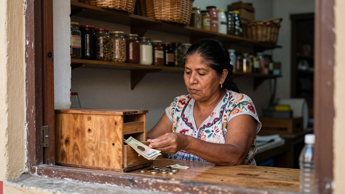 Mujer concentrada contando billetes y monedas en el mostrador de madera de su tiendita