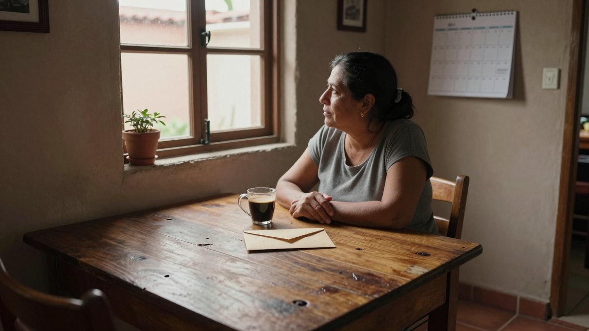 Mujer mayor sentada a una mesa de madera, mira por la ventana junto a un café y un sobre