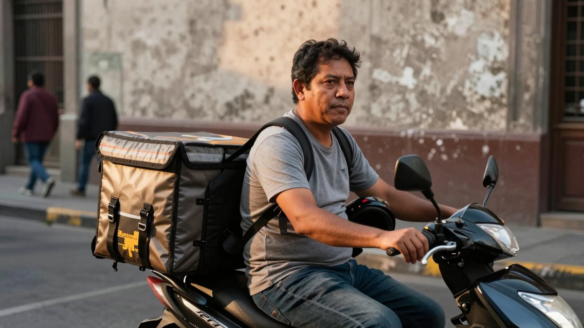 Repartidor en moto con mochila térmica en una esquina de la Ciudad de México al atardecer