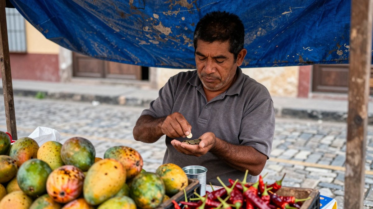 Vendedor de mercado mexicano cuenta monedas en su mano frente a mangos y chiles