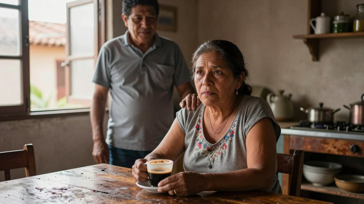 Mujer preocupada sentada en la mesa de su cocina con café mientras su esposo la consuela
