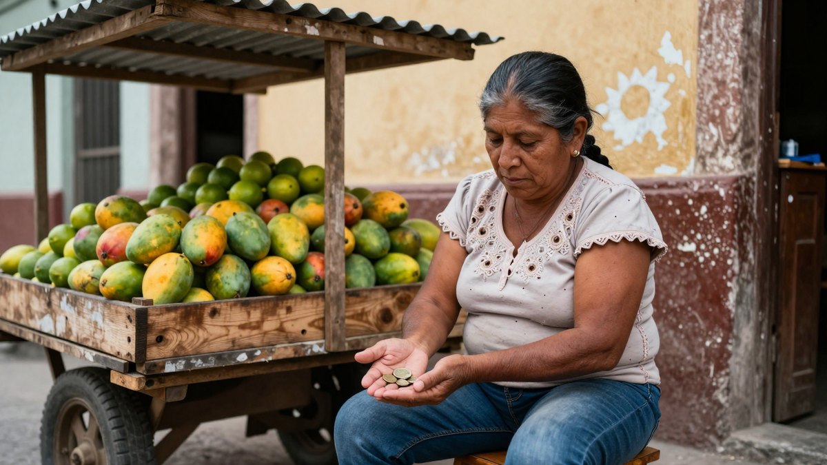 Vendedora mexicana de fruta sentada en un banco junto a su carrito, mirando preocupada unas monedas en la mano